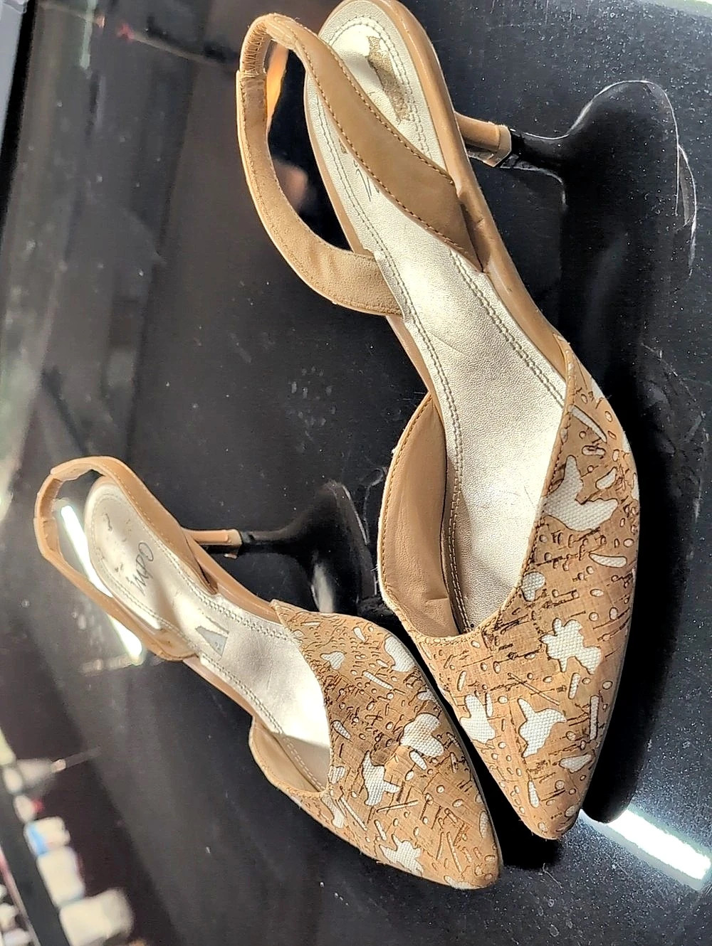 Impo Pointed Toe Slingback Heels in Brown & White